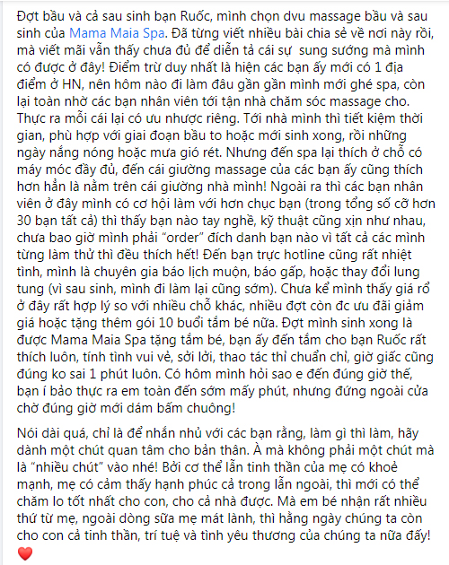 MC Minh Trang review dịch vụ chăm sóc sau sinh tại Mama Maia Spa